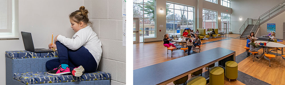 Solo study space & cafeteria with plenty of natural light and seating options help keep students healthy